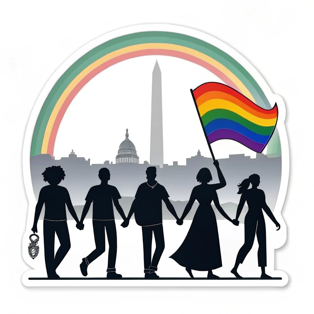 Sub-Design 1: D.C. Unity Silhouettes - Diverse human silhouettes holding hands or linking arms, set against a subtle silhouette of the Washington D.C. skyline or a key monument (e.g., Lincoln Memorial). A stylized progressive pride flag arc frames the scene.