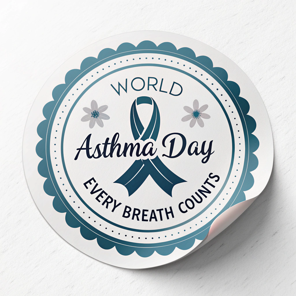 Sub-design 3: A circular sticker with the asthma awareness ribbon at its center. The ribbon is surrounded by a ring of text: 'World Asthma Day - Every Breath Counts.' The design could use calming colors like blue and grey.