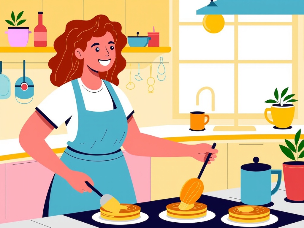  a young woman in a kitchen. She is wearing a blue apron and has curly red hair. She has a big smile on her face and is holding a spatula in her right hand. In front of her, there are two plates with pancakes on them. On the right side of the image, there is a blue mug and a potted plant. The kitchen has yellow cabinets and a window with white curtains. There are various kitchen utensils hanging on the wall and a sink with a faucet. The overall style of the illustration is cartoon-like.