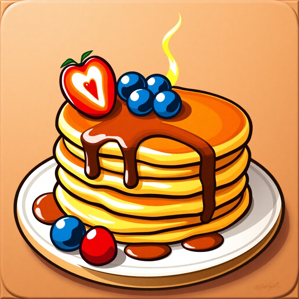 The image is a digital illustration of a stack of pancakes on a plate. The pancakes are golden brown and appear to be freshly made. On top of the pancakes, there is a drizzle of chocolate sauce and a few blueberries and a red apple with a heart on it. The plate is white and the background is a light peach color. The overall style of the illustration is cartoon-like and playful.