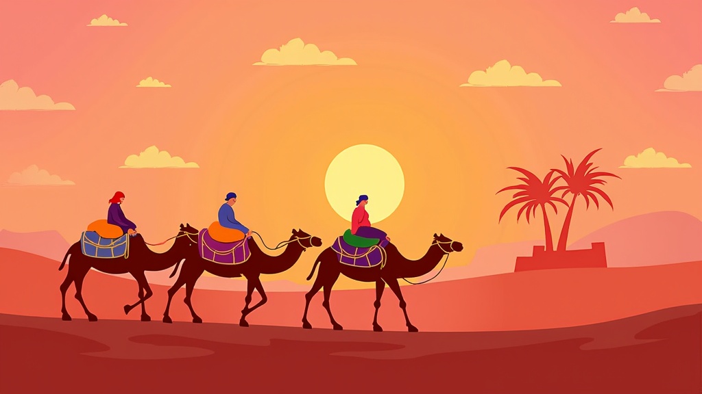 Oasis Silhouette at Dusk: The camel caravan is depicted moving towards the faint silhouette of an oasis (palm trees, perhaps a small structure) on the distant horizon. The last light of the sunset highlights its outline, adding a narrative element of hope or a journey's destination.