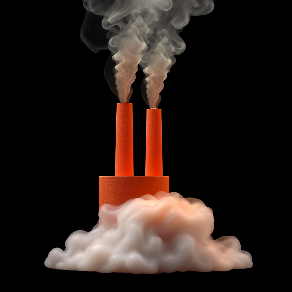  two orange chimneys emitting white smoke. The chimneys are tall and cylindrical in shape, with a pointed top and a flat base. The smoke is billowing out of the chimneys, creating a cloud-like effect. The background is black, making the smoke stand out even more. The overall mood of the image is dark and ominous.