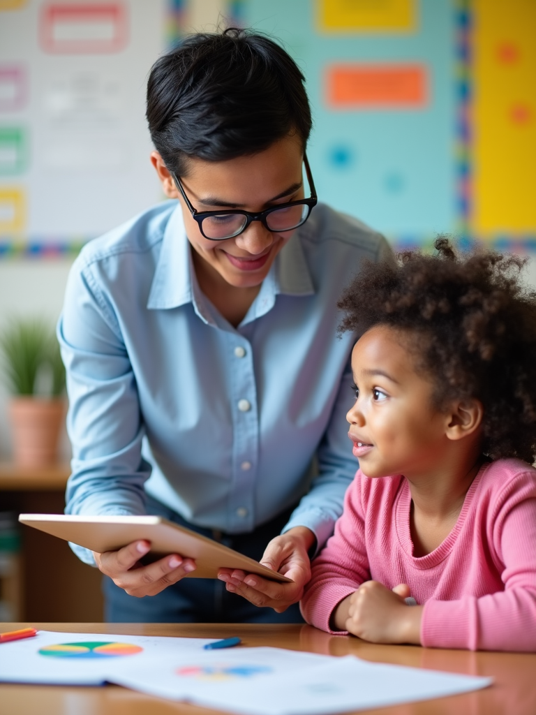 A teacher holding a clipboard interacts with a student during a one-on-one session. The room is filled with personalized learning materials and charts aimed at maximizing educational outcomes.