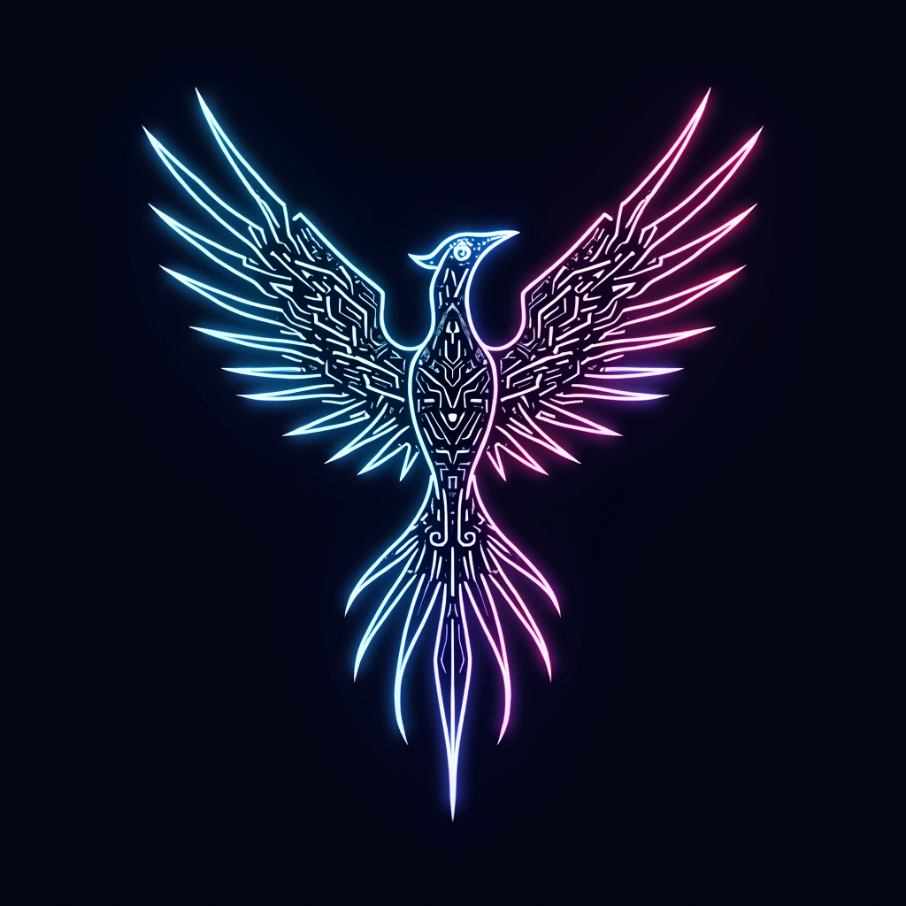 T-Shirt Design 1: A neon-outlined geometric phoenix, its wings forming intricate circuit patterns, with 'Circuit Grounds' text subtly integrated. Utilizes electrifying blues, purples, and greens on a dark shirt base.