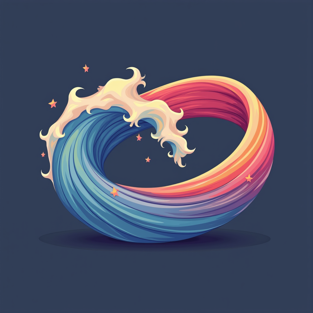 Simple Icon Idea: A stylized Mobius strip or an infinity symbol seamlessly integrated with a wave or water droplet element, rendered in a gradient of gender fluidity-associated colors. Suitable for a discreet chest emblem or sleeve detail.