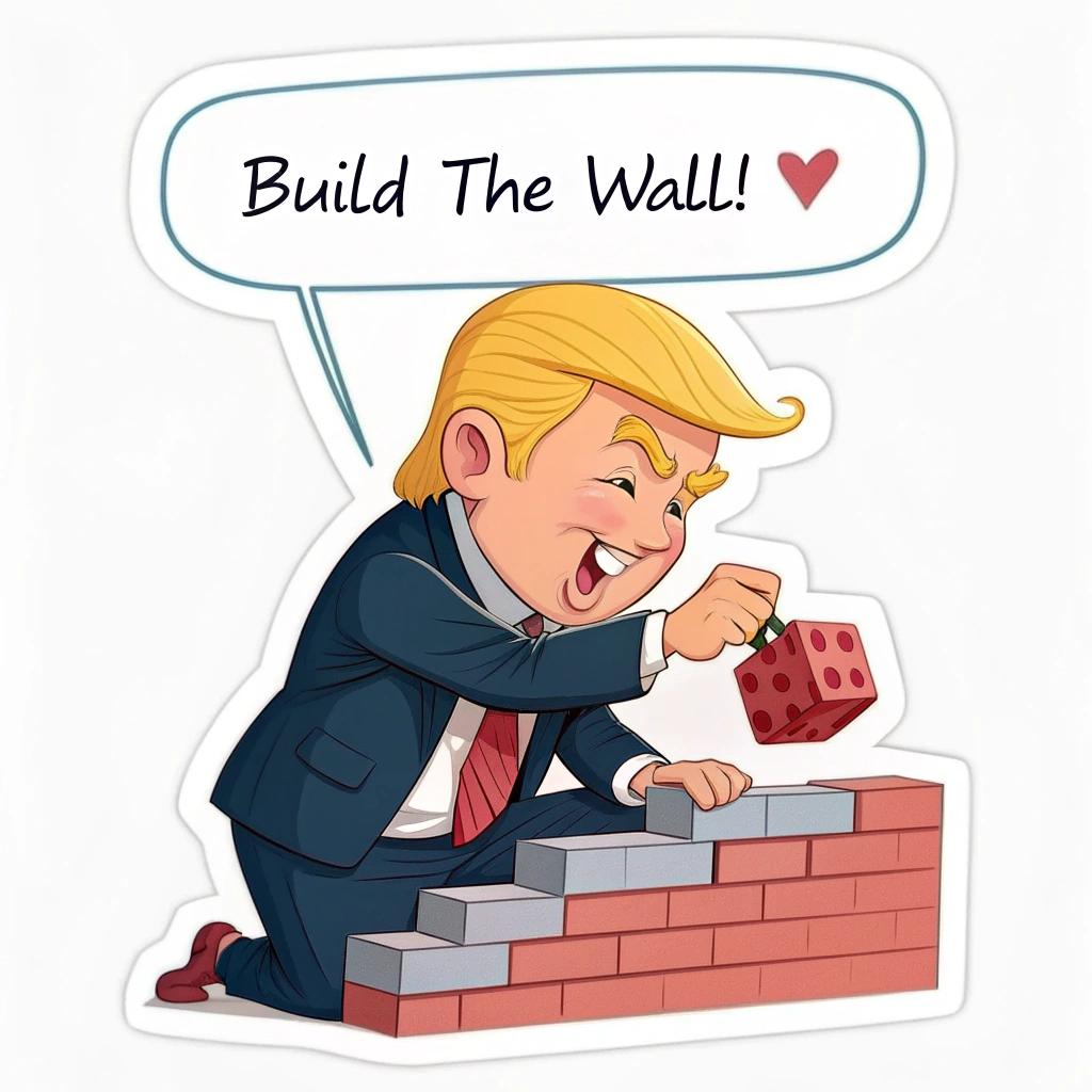 A cartoonish, humorous sticker of Donald Trump using a small toy brick to build a comically small wall, with a speech bubble that reads 'Build the Wall!'