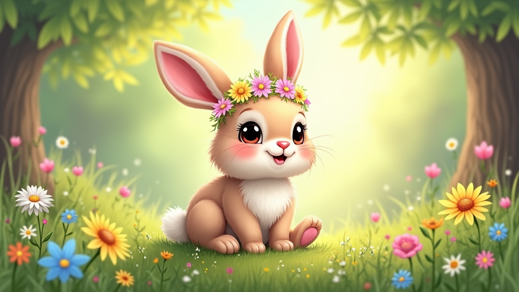 The image is a digital illustration of a cute bunny sitting in a field of colorful flowers. The bunny is brown and white in color and has a flower crown on its head. It has big pink ears and is sitting on its hind legs with its front paws resting on the ground. The background is a green field with trees and bushes. The sky is blue and the overall mood of the image is peaceful and serene.