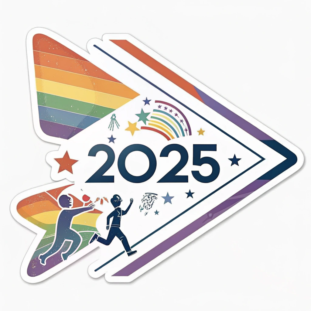 Progressive Arrow Motif: A sticker featuring a dynamic arrow or chevron design. This arrow would incorporate '2025' and subtle WorldPride symbols, utilizing gradient Pride colors to signify forward movement, progress, and hope for the future.