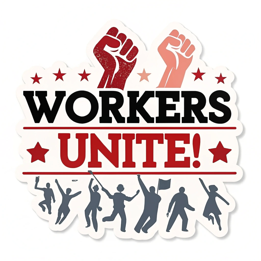Translation: May Day Protest Stickers - Bold Typography: 'Workers Unite!'