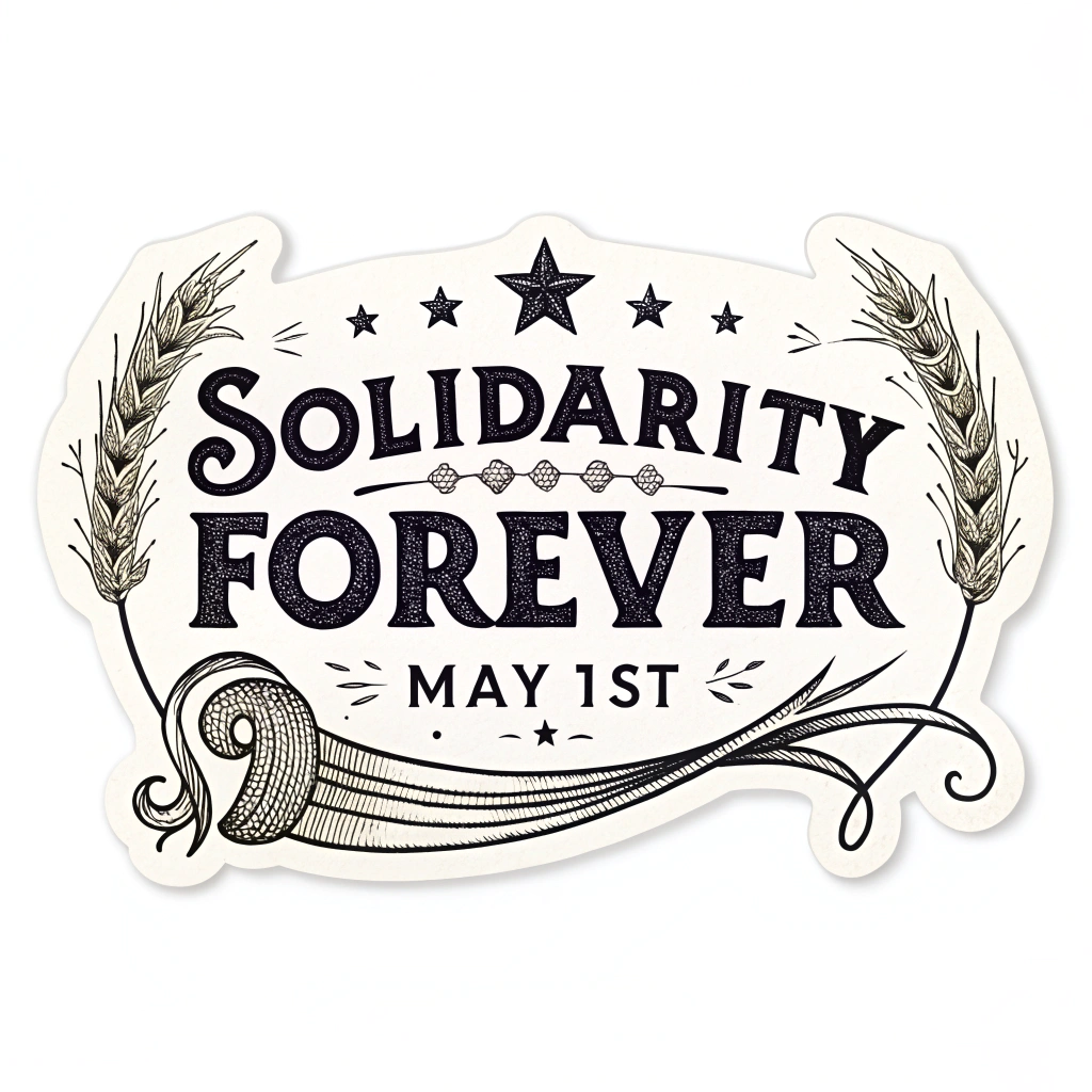 Sub-design 2: A typographic sticker proclaiming 'SOLIDARITY FOREVER - MAY 1ST' using a classic labor movement slab-serif font, possibly shaped like a vintage banner and incorporating subtle star or wheat sheaf embellishments.