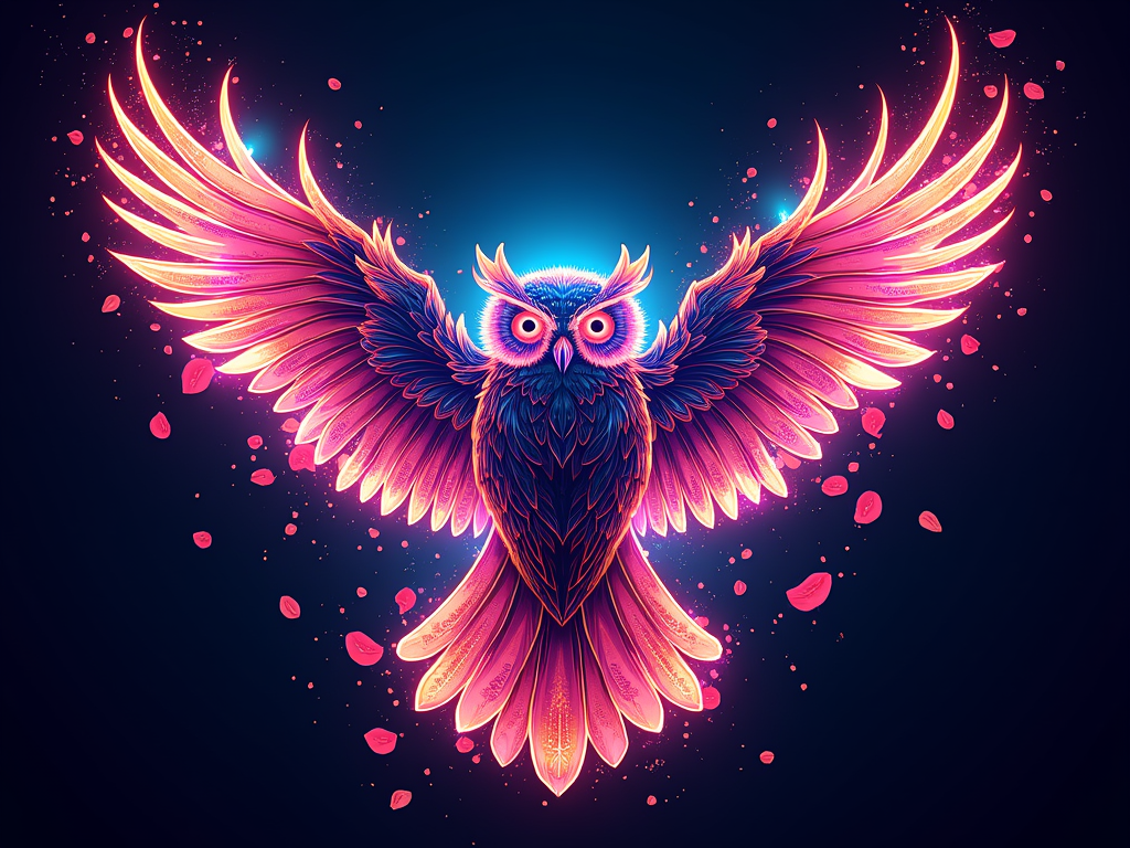 An abstract, artistic interpretation where the owl's silhouette is formed by swirling lines of light and blooming flower petals. The 'kinetic' aspect is emphasized by dynamic lines and a sense of motion, as if the owl is emerging from a vortex of energy and petals. Colors should be neon and reminiscent of EDC's light shows.