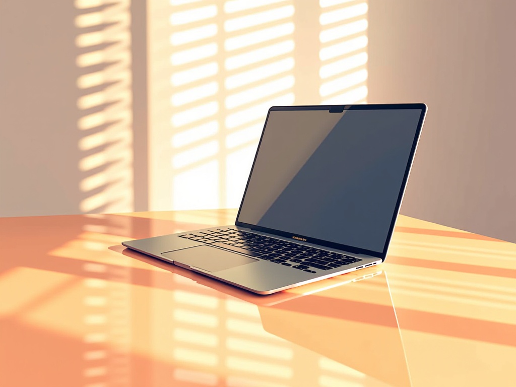 In a sunlit room, the open laptop casts a reflection on a smooth wooden surface. Its glossy screen contrasts with its matte casing, creating a balance between functionality and style. Shadows from the nearby blinds add dynamic lines to the scene.