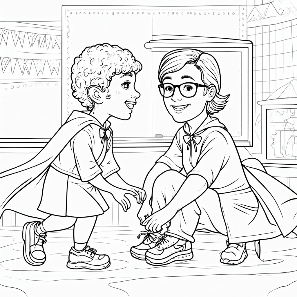 A teacher helping a student tie their shoe, both wearing simple capes, symbolizing guidance and support as heroic acts.