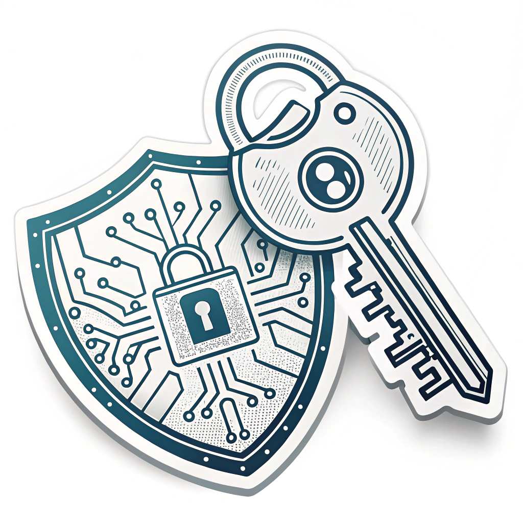Shield & Key Guardian Sticker: A key icon superimposed over or interlocking with a shield icon, where the shield itself subtly incorporates a lock mechanism or a digital pattern. This emphasizes protection.