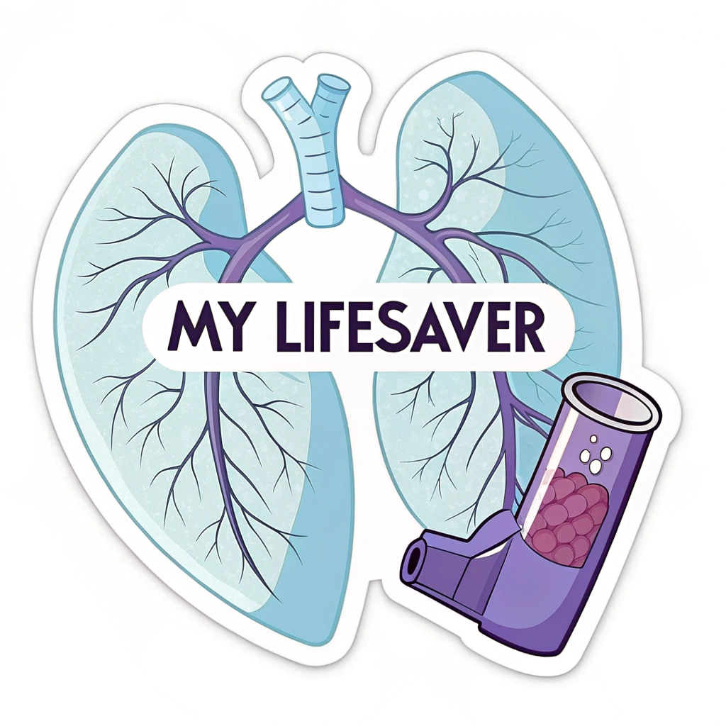 Sub-design 2: An illustration of an inhaler nestled protectively within a stylized heart or a pair of lungs, accompanied by the text 'My Lifesaver'.