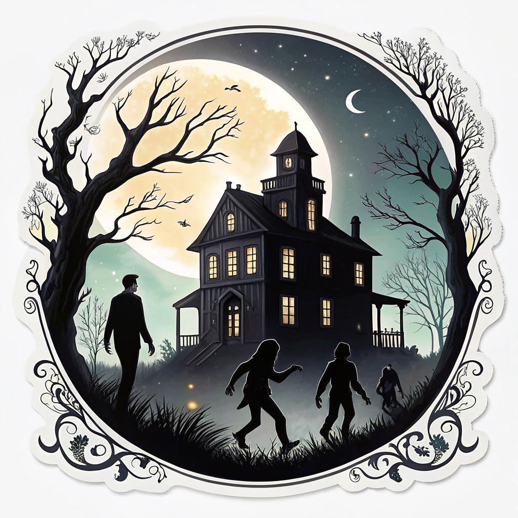 A silhouette of a haunted-looking plantation house against a full moon, with ghostly figures lurking in the shadows, all framed within an ornate border.