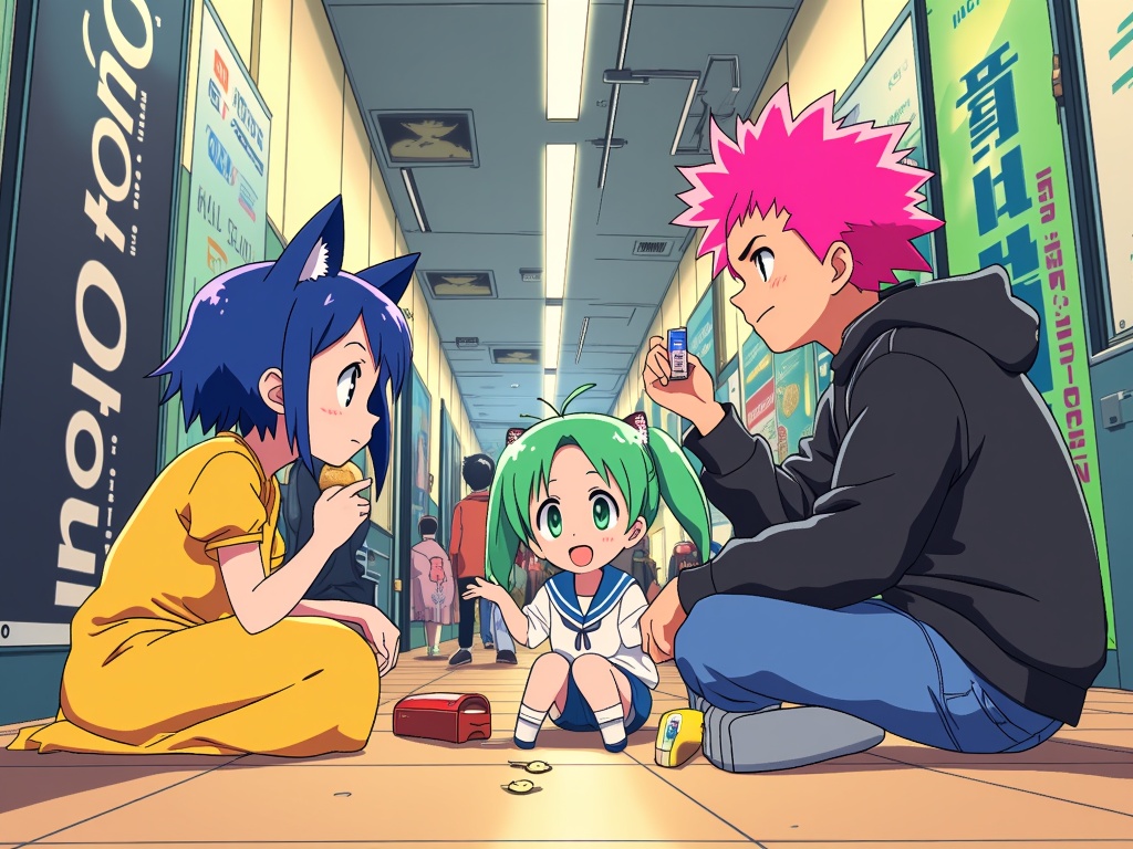 Anime characters taking a food break, sharing convention snacks like onigiri or pocky while sitting on the floor in a less crowded hallway at MomoCon.