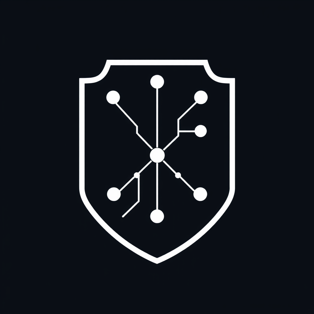 A shield shape entirely constructed from a few interconnected dots (nodes) and straight lines, forming a sparse, geometric representation of a circuit.