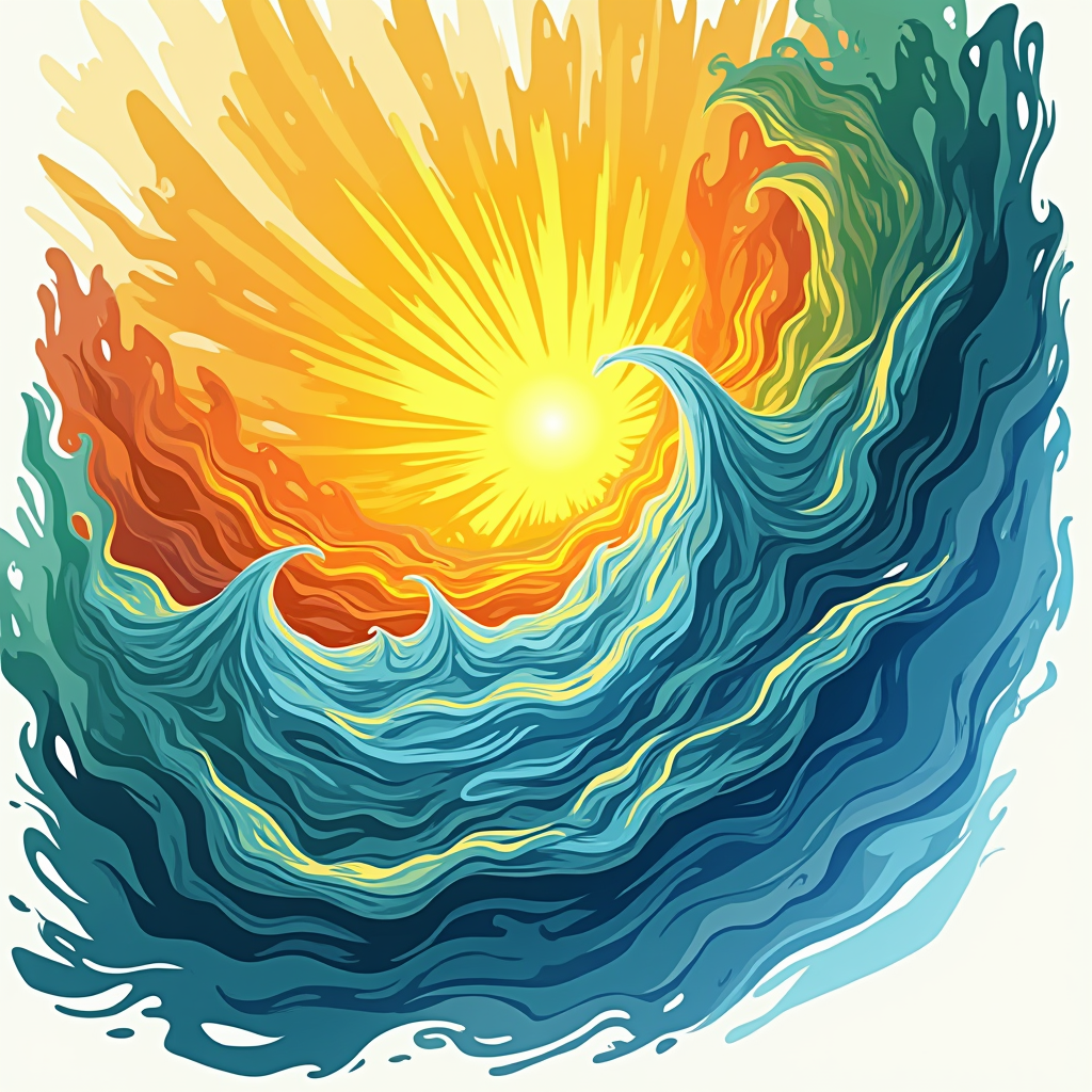Vibrant Energy Fields Abstract: Represent energy sources with overlapping fields of vibrant color and energetic abstract shapes (radiating yellows for solar, blue/green swirls for wind/water) merging into a unified design.