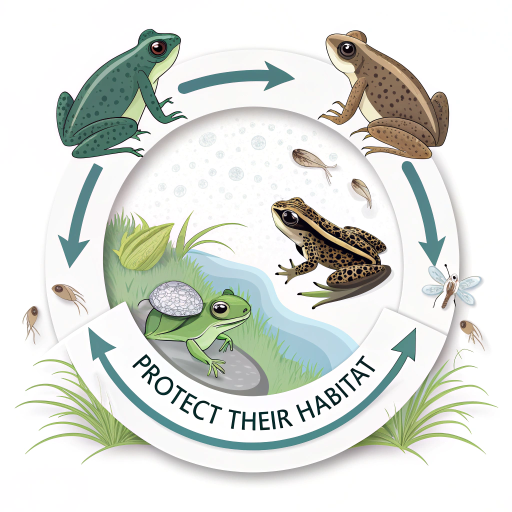 Circular Lifecycle Sticker: Depict the frog lifecycle stages (eggs, tadpole, froglet, adult frog) arranged in a circle. Integrate a conservation message like 'Protect Their Habitat' within the circle or around the edge. Use clear, simple illustrations.