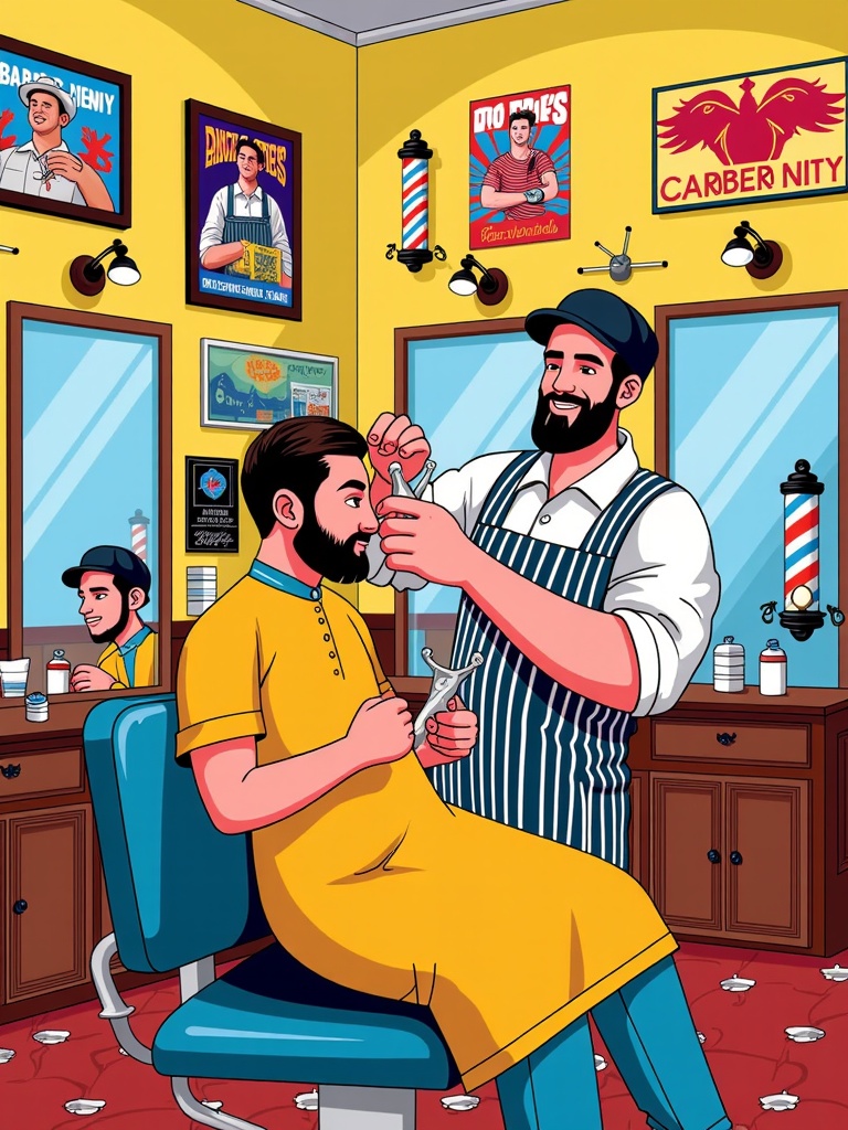  a barber shop with a man sitting in a blue barber chair. The barber is wearing a yellow apron and a blue cap, and is holding a pair of scissors and a comb in his hands. He is standing behind the barber, who is wearing an apron with the words Carber Nity written on it. The walls of the shop are decorated with various barber tools and posters. There is a mirror on the left side of the image, and a sink with a faucet on the right side. The floor is covered in debris, and there is a red carpet on the floor. The overall atmosphere of the barbershop is chaotic and disorganized.