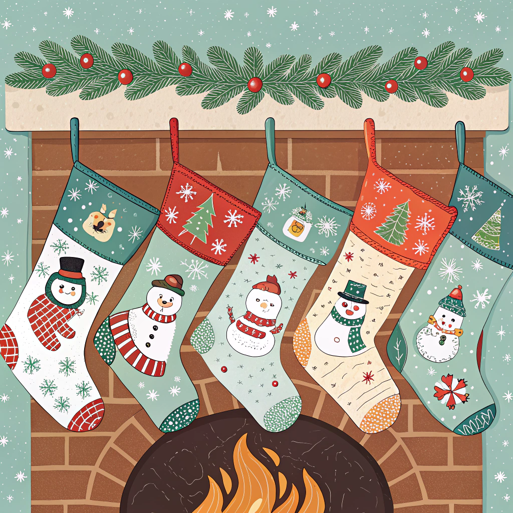 Rows of Christmas stockings with festive patterns hanging by a brick fireplace. Each stocking sports unique designs such as snowmen, candy canes, and pine trees.