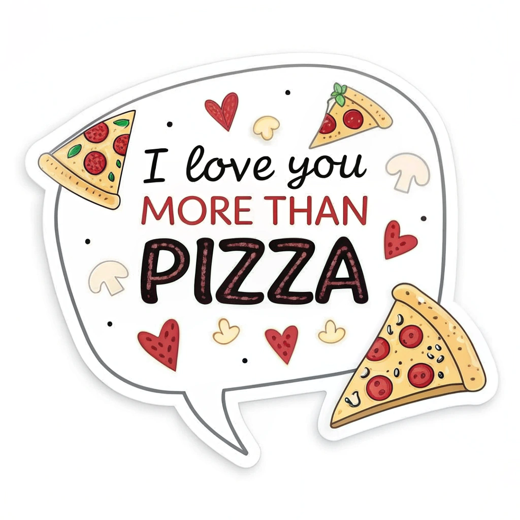 A sticker shaped like a speech bubble with the quote 'I love you more than pizza', accompanied by small pizza illustrations.