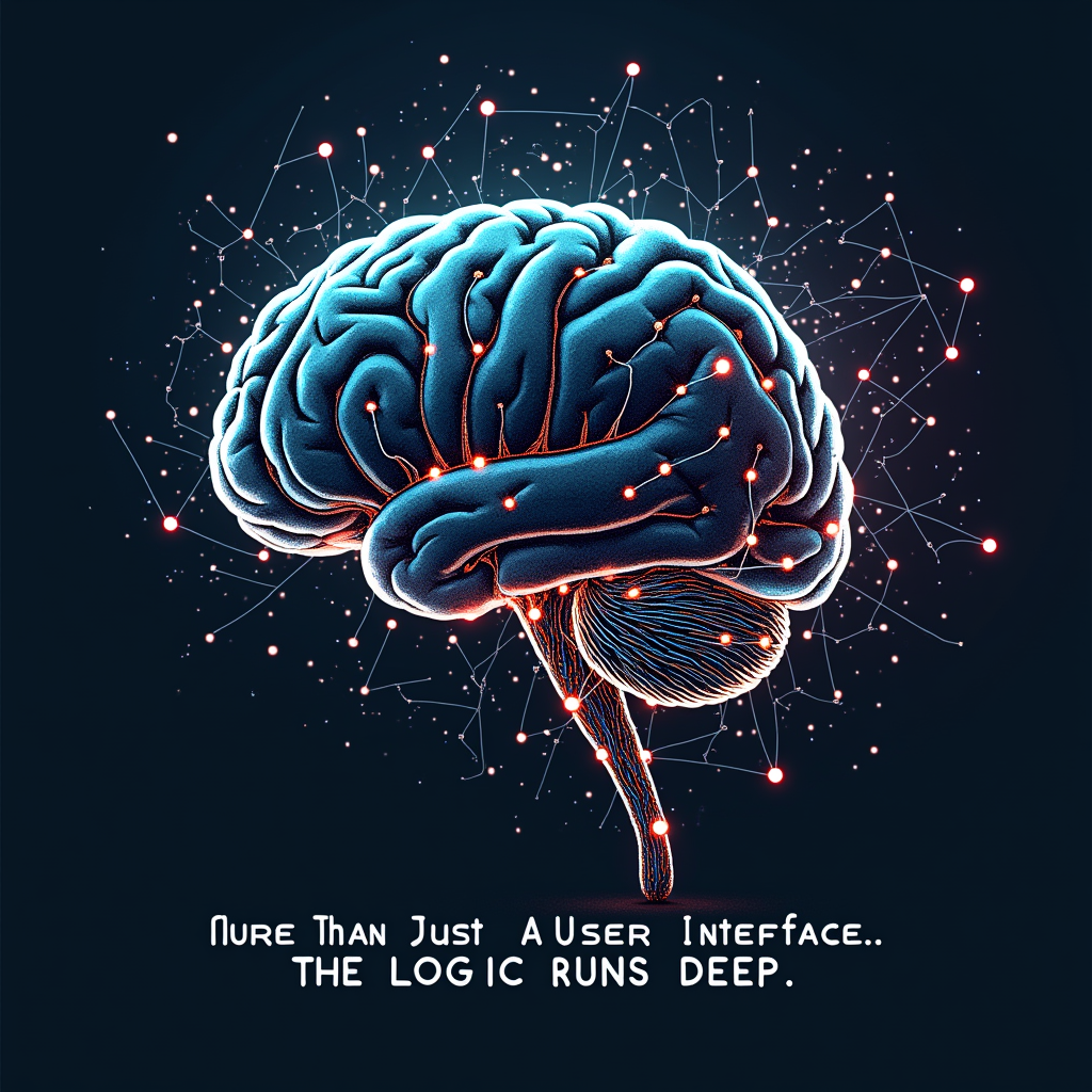 Neural Network Mind: An abstract design blending the structure of a human brain with the interconnected nodes and pathways of a neural network or complex algorithm. Connections could glow, suggesting thought, problem-solving, and AI. Caption: 'More Than Just a User Interface. The Logic Runs Deep.'