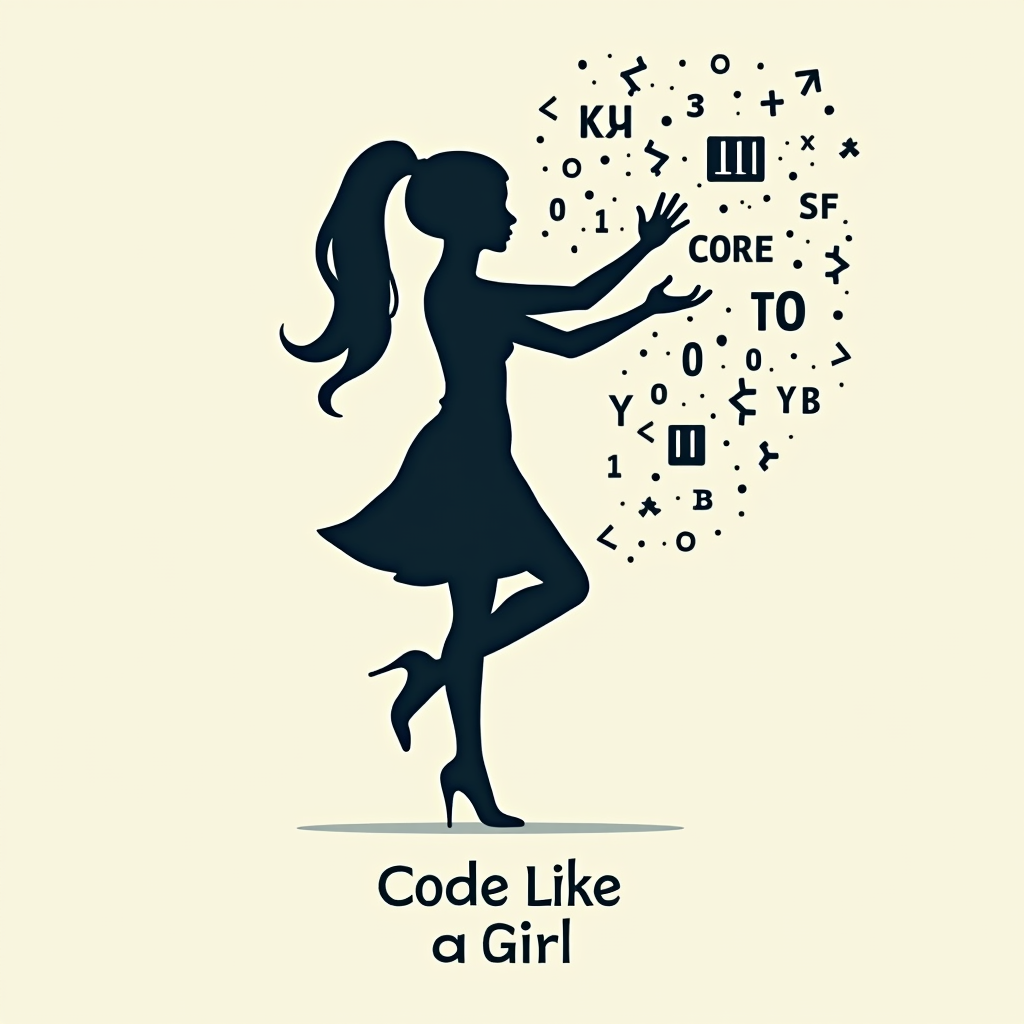 Empowered Silhouette & Code Stream: A minimalist, empowering silhouette of a woman (e.g., profile or with abstract code symbols integrated within). A stream of digital elements like binary code, `</>`, or `{}` flows from or around the silhouette. 'Code Like a Girl' is in a clear, modern font, symbolizing creation and impact.