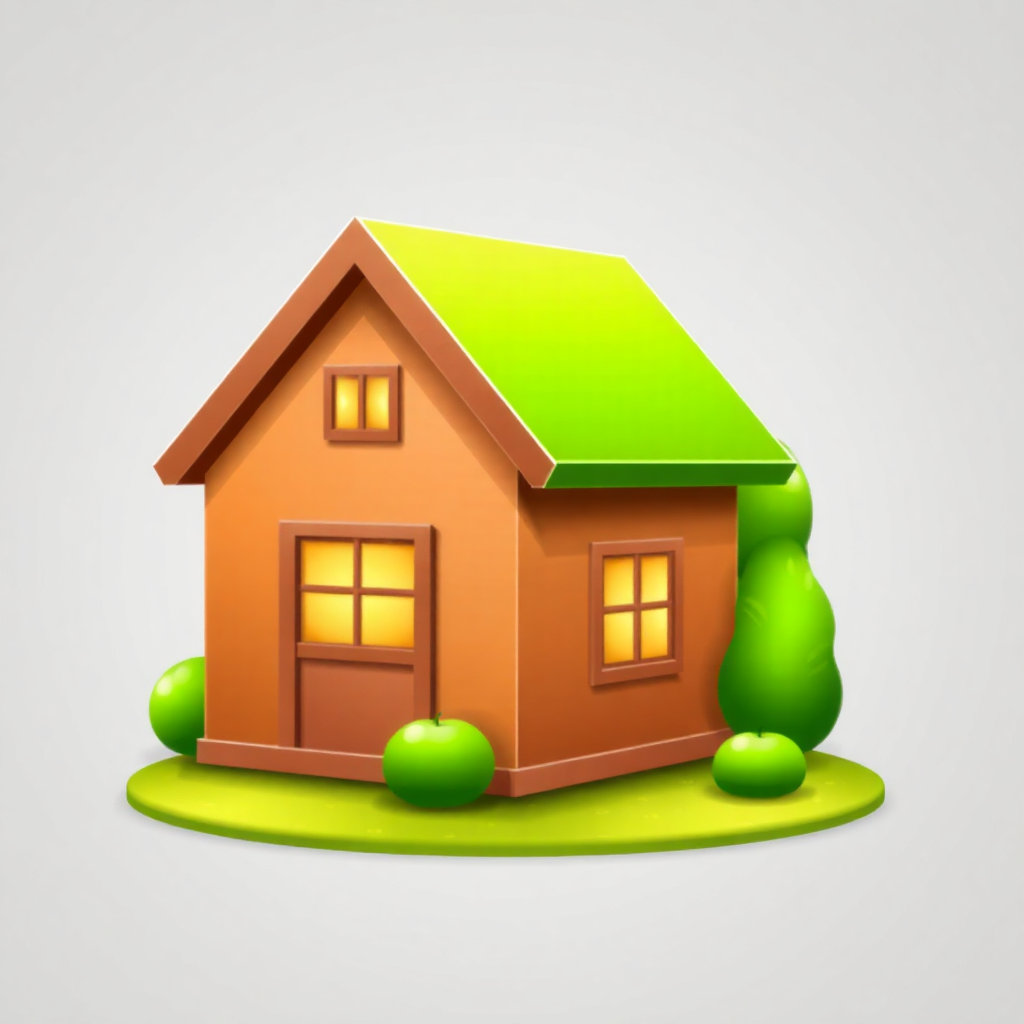 The image is a 3D illustration of a small house with a green roof. The house is orange in color with a brown door and two windows on the front. There are two green apples on either side of the door and a small tree on the right side. The ground is covered in green grass. The background is white. The overall design is simple and cartoon-like.