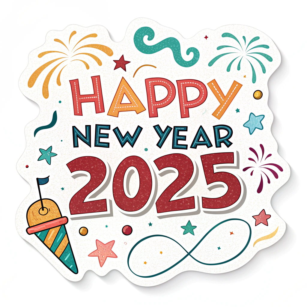 The image shows a poster with the words Happy New Year 2025 written in bold, colorful letters, surrounded by a festive design of fireworks and an ice cream cone, creating a cheerful atmosphere to celebrate the start of a new year.