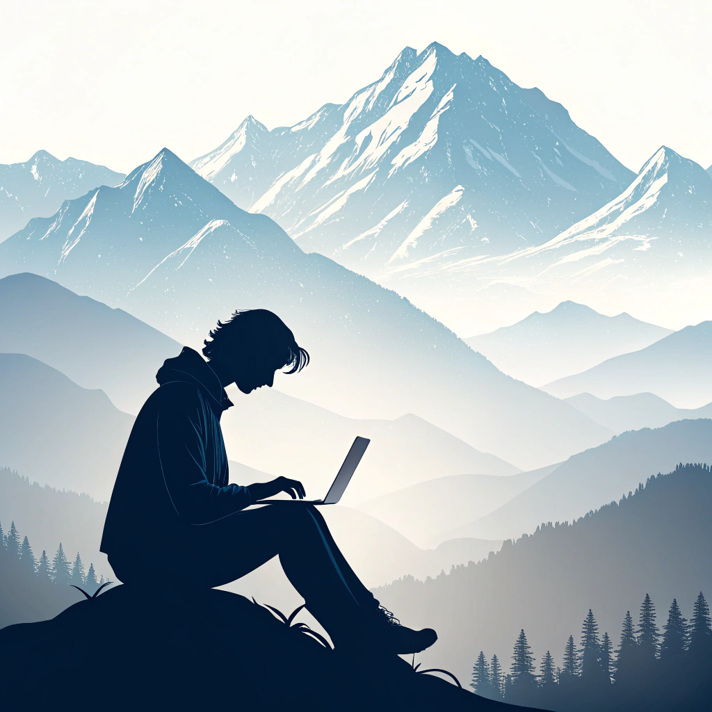 Stylized silhouette of a person working on a laptop with mountains in the background.