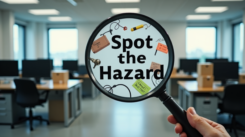 A poster featuring a large magnifying glass highlighting various subtle workplace hazards (e.g., frayed cable, small spill, poorly stacked boxes) within a common office or industrial scene. Text focuses on 'Spot the Hazard'.