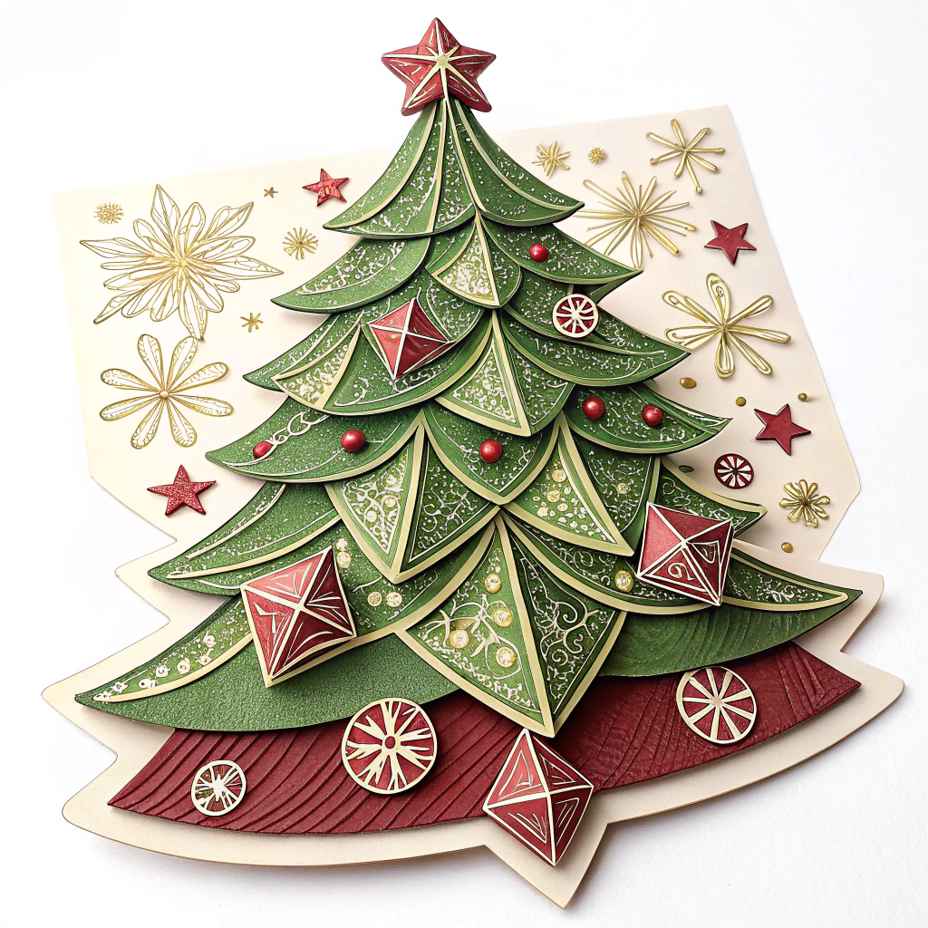 A richly detailed Christmas tree sticker crafted in an origami style with precise folds and shapes, adorned with tiny paper-crafted ornaments.