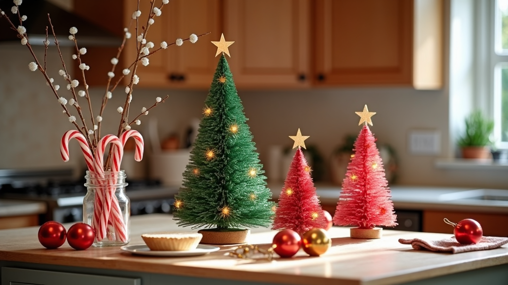 A kitchen island festively decorated with miniature Christmas trees, oversized red and gold ornaments, and a vase filled with candy canes, creating a cheerful holiday atmosphere for baking Christmas cookies.