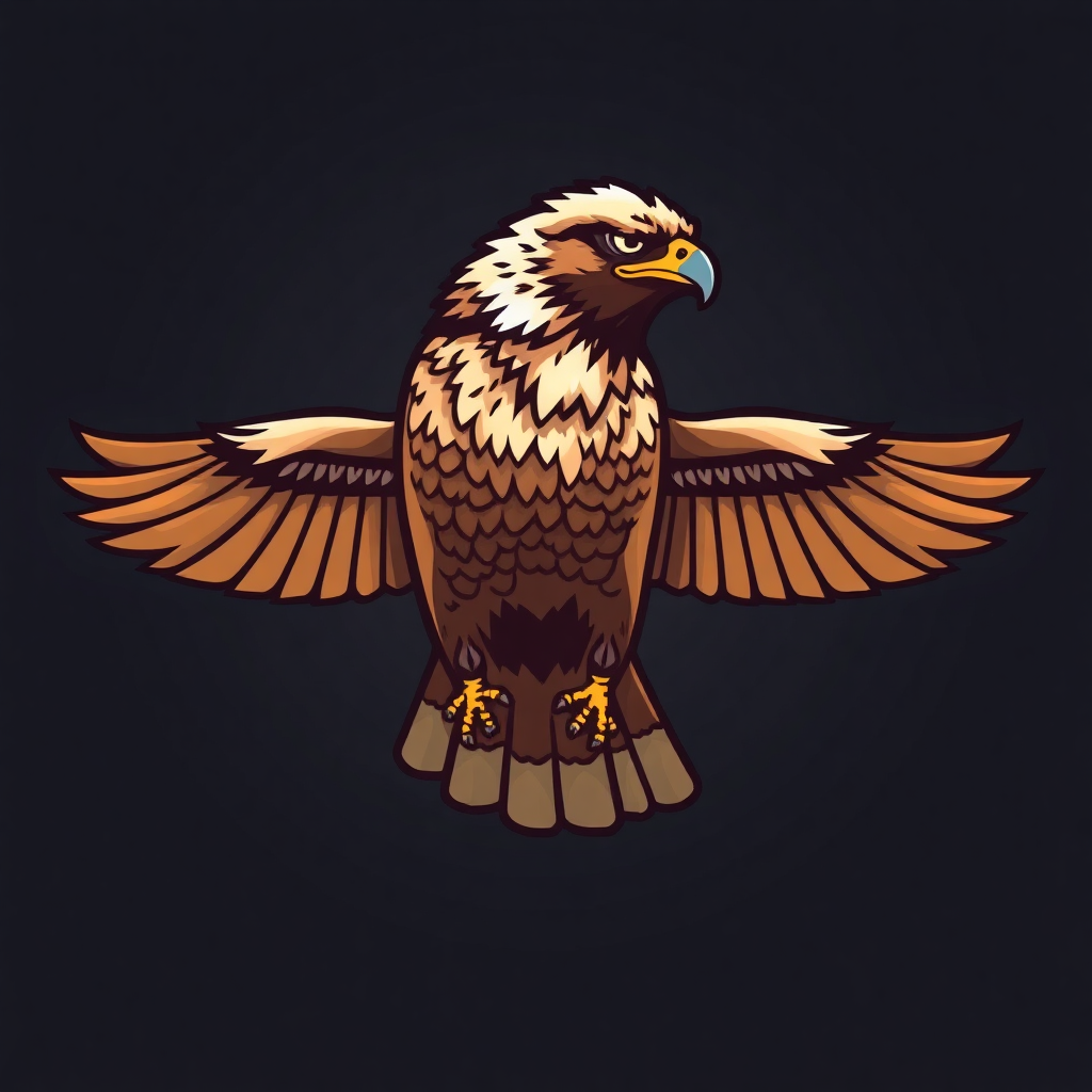 The image is a digital illustration of a bird of prey, specifically a hawk, in flight. The bird is shown in a side view, with its wings spread wide and its head turned towards the right side of the image. The hawk has a brown body with white and black markings on its wings and tail feathers. Its beak is yellow and its eyes are a piercing yellow. The background is black, making the bird stand out even more. The illustration is done in a cartoon-like style, with bold lines and bright colors.