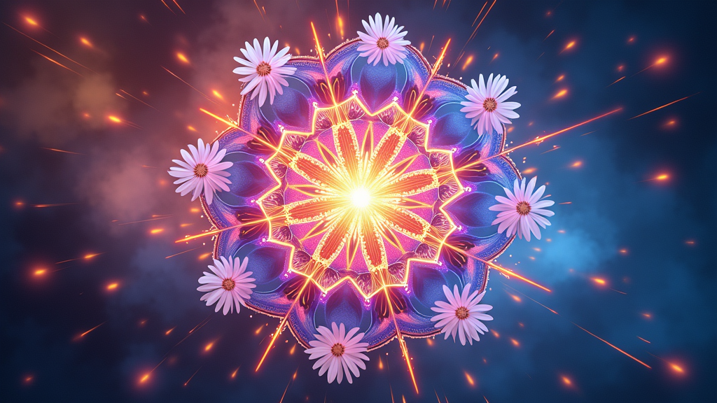 T-Shirt Idea 5: A kinetic-themed design where the mandala is segmented and appears to be rotating or expanding, with light trails emphasizing motion and glow. This dynamic mandala is set against a vibrant 'electric sky' background, with daisies subtly integrated into the moving segments.
