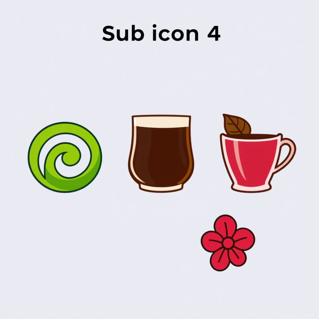Sub-design idea 4: A series of icons using a consistent, slightly abstract style to represent beverages, focusing on their color and typical presentation. E.g., a green swirl for matcha, a dark brown layered icon for Irish coffee, a vibrant red for hibiscus tea.