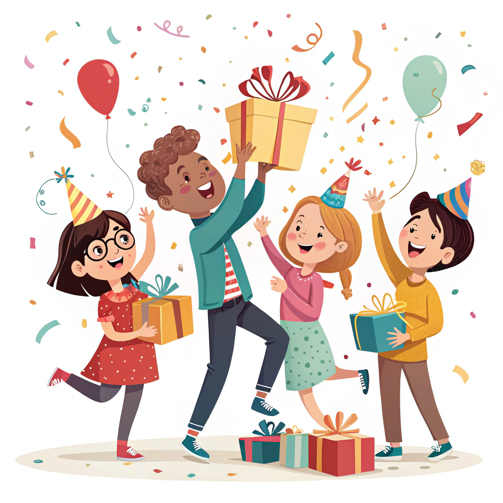 A sticker showing a group of diverse characters celebrating with gifts and confetti.