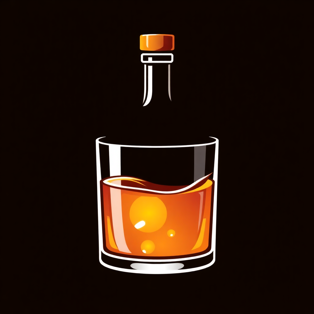 The image is a digital illustration of a glass of whiskey. The glass is filled with a golden-brown liquid, which appears to be whiskey, and is tilted slightly to the side. The bottle is made of glass with a cork stopper and a label on top. The background is black, making the glass and bottle stand out. The overall color scheme of the image is orange and yellow, giving it a warm and inviting feel.