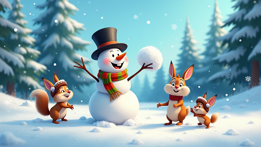 The image shows a snowman with three squirrels standing next to it in the snow. The snowman is wearing a top hat and a scarf, and the squirrels are wearing caps. In the background, there are trees covered in snow and a clear blue sky. The image is animated, giving it a festive feel.