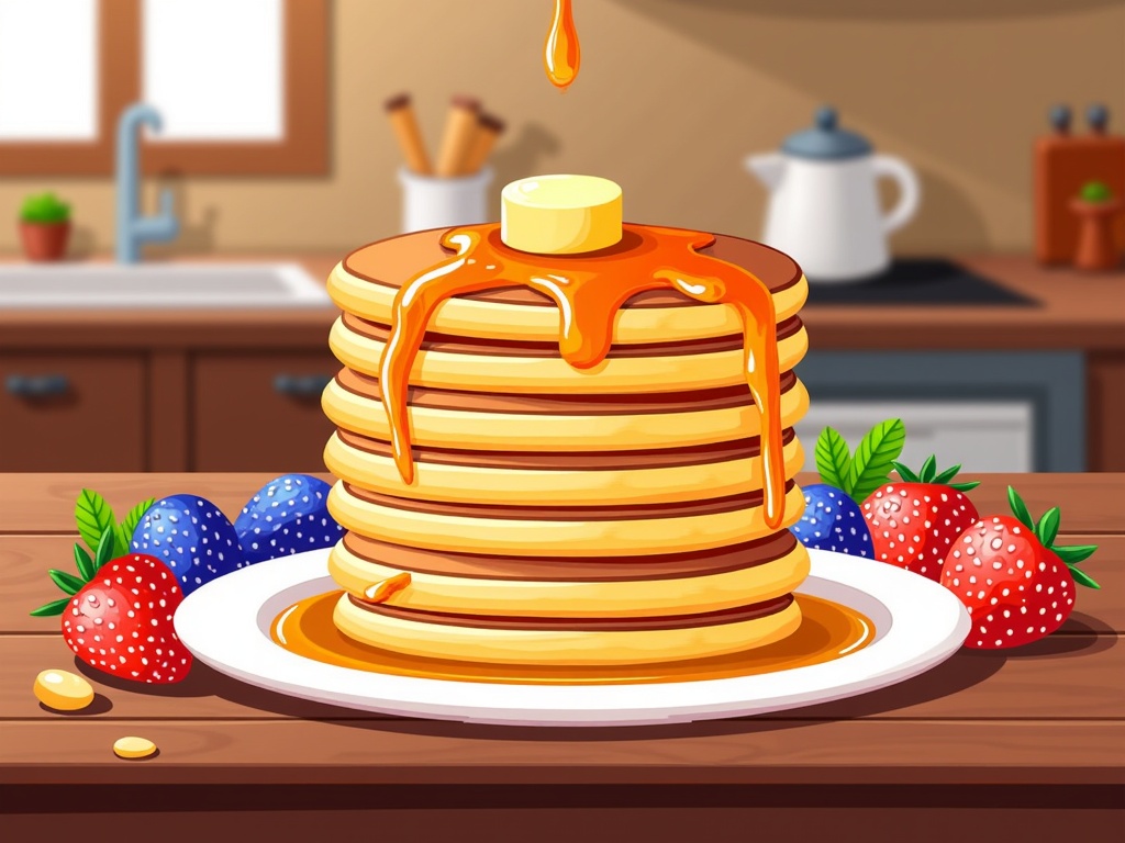  a stack of pancakes on a white plate. The pancakes are golden brown and appear to be freshly made. On top of the stack, there is a drizzle of maple syrup. The plate is garnished with fresh strawberries and blueberries. In the background, there are kitchen utensils and a sink with a faucet. The overall color scheme of the image is warm and inviting.