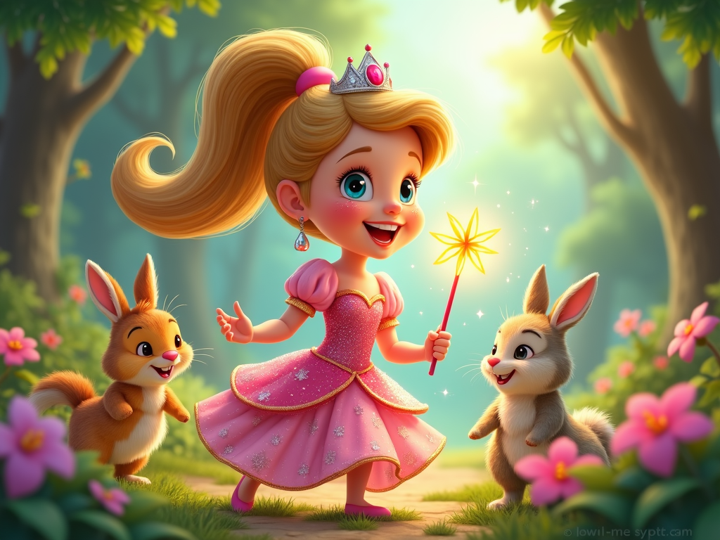 A playful princess with rosy cheeks and a bouncy ponytail, holding a magic wand and surrounded by adorable animal companions.