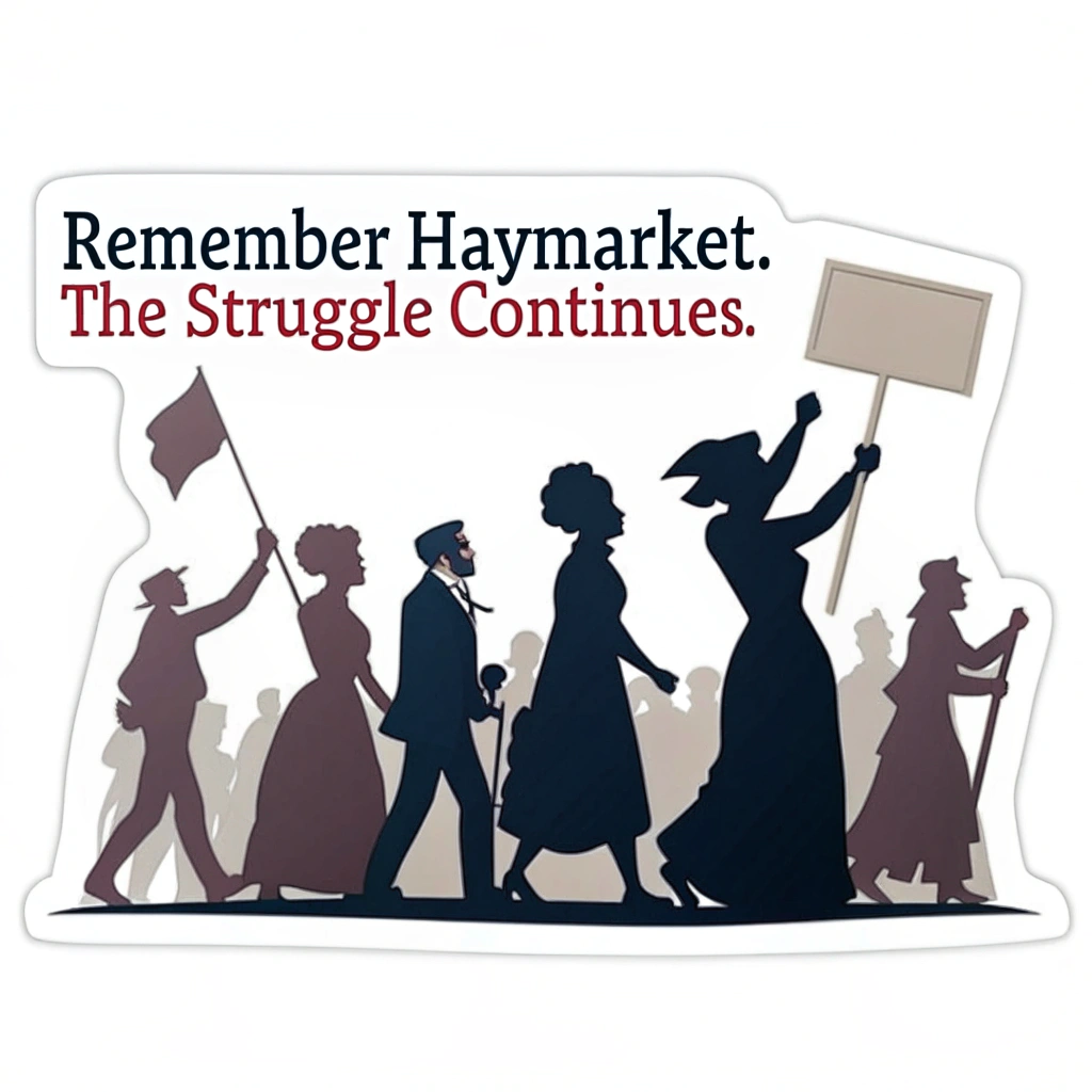 Sticker design featuring silhouettes of 19th-century Haymarket protesters with period attire, perhaps holding signs, set against a ghosted background of modern striking workers, emphasizing continuity. Text: 'Remember Haymarket. The Struggle Continues.'