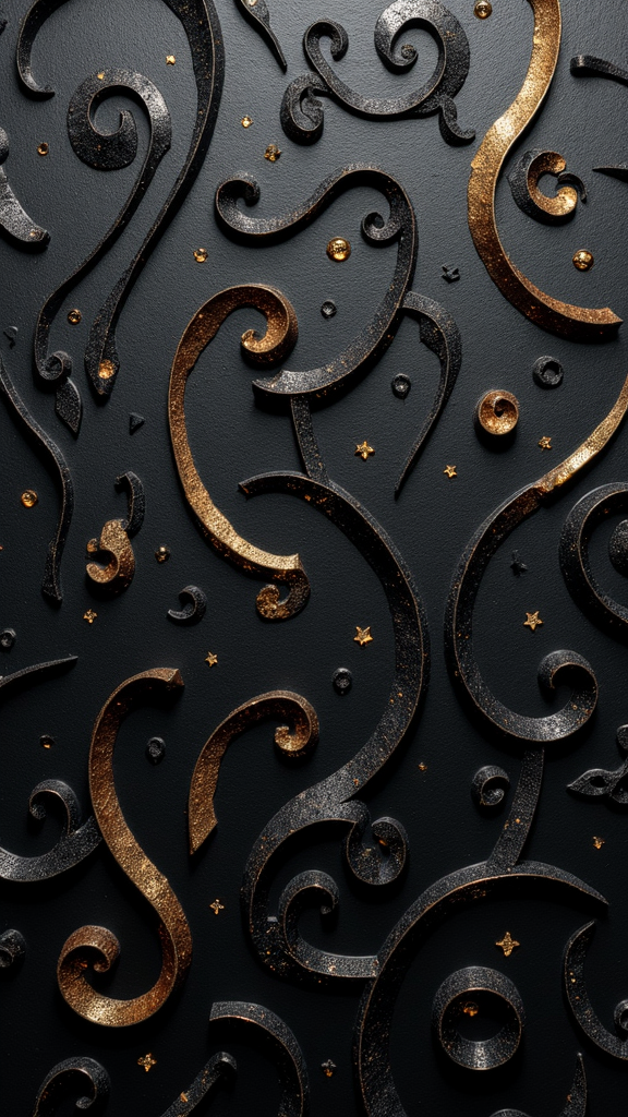 The image shows a black background with gold swirls and stars, creating a luxurious and eye-catching wallpaper. The gold and black colors create a striking contrast, making the wallpaper stand out even more.