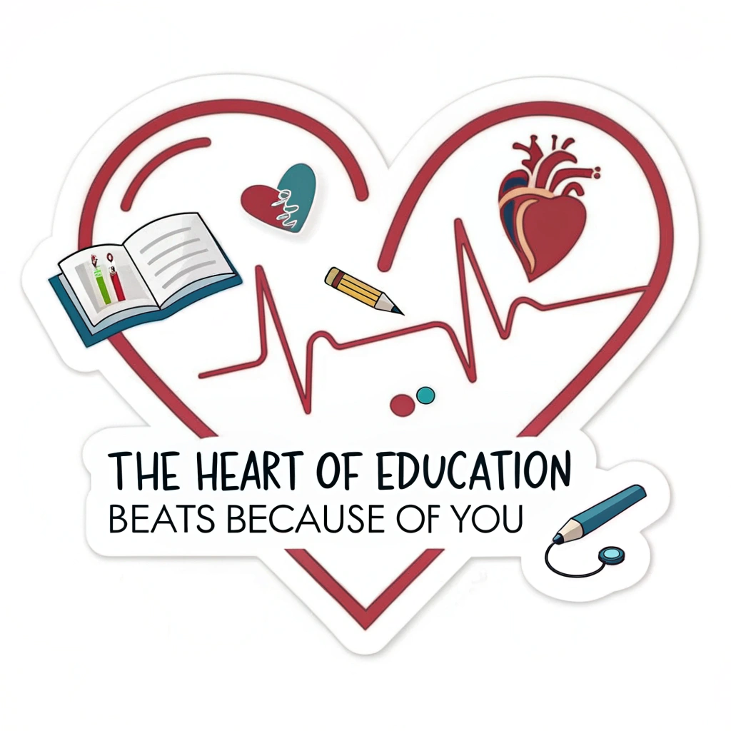 A sticker featuring a stylized heart with an electrocardiogram (ECG) line seamlessly integrated into its shape, possibly with small education-themed icons (like a tiny book or pencil) along the ECG path. The text 'The Heart of Education Beats Because of You' would be prominently displayed.