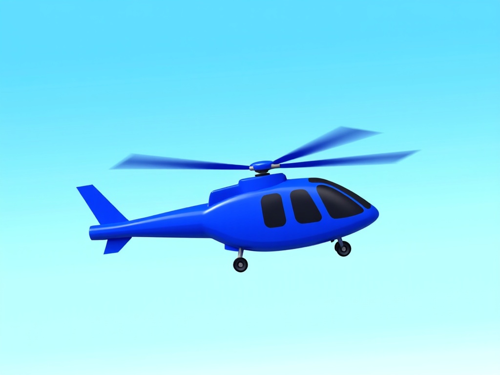 The image is a 3D rendering of a blue helicopter flying in the sky. The helicopter is in the center of the image, with its body facing towards the right side of the frame. It has a pointed nose and two large propellers on either side. The body of the helicopter is a bright blue color, and the wings are a lighter shade of blue. The background is a clear, light blue sky with no clouds. The image appears to be taken from a low angle, looking up at the helicopter.