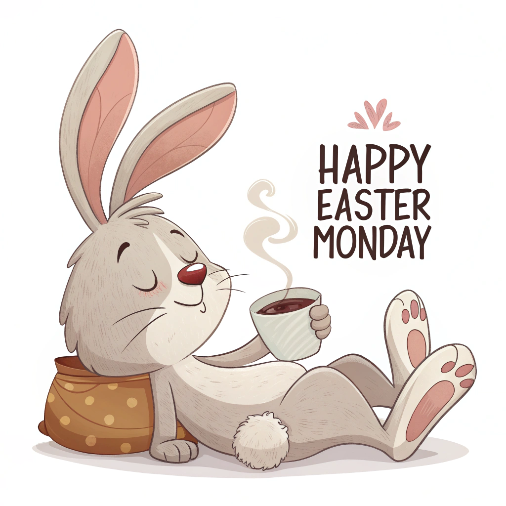 A sticker with a cartoon bunny relaxing after Easter Sunday, holding a cup of coffee, and the text 'Happy Easter Monday'.