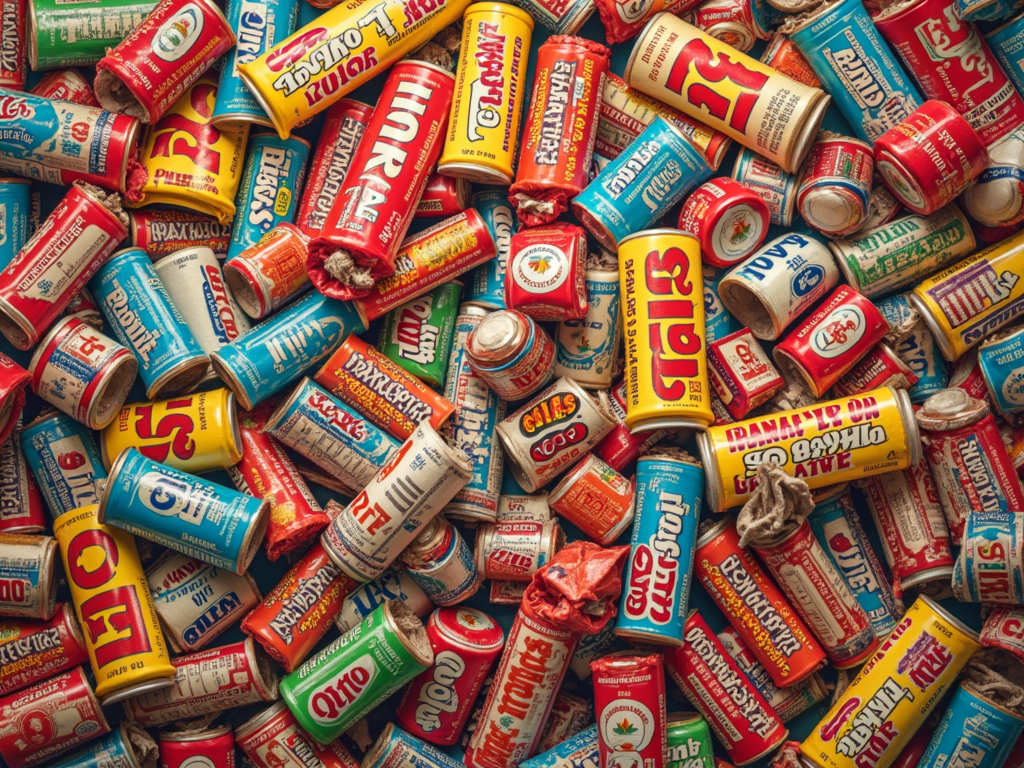 'Candy Counter Chaos': A busy, all-over print mimicking a jumble of vintage candy wrappers as if spilled from a jar or scattered across a counter. This design emphasizes the variety and colorfulness of old packaging.