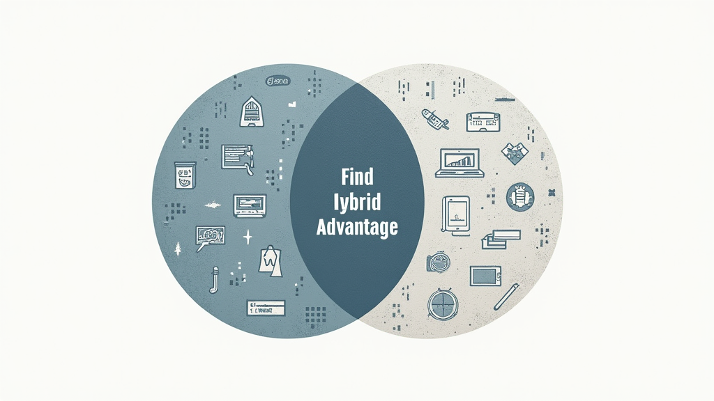 A modern interpretation of a Venn diagram. One circle subtly patterned with digital motifs (e.g., pixels, binary code) contains icons like 'Wi-Fi', 'Video Conference', 'E-book'. The other circle, with a texture evoking campus materials (e.g., brick, paper), contains icons like 'Backpack', 'Classroom', 'Lab Beaker'. The overlapping section is highlighted, perhaps with a combined icon or the text 'The Sweet Spot' or 'Hybrid Advantage'.